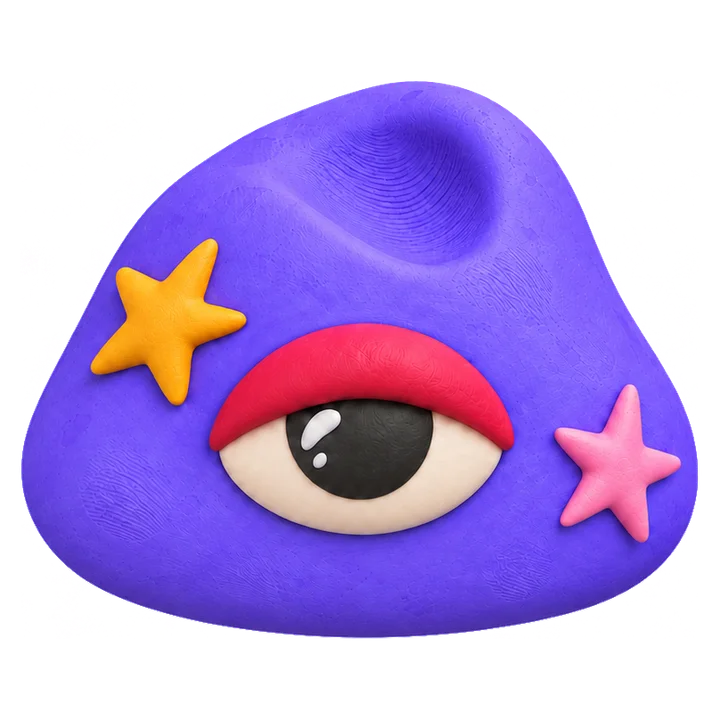 the dough mascot: a purple ball of clay with one eye and two stars